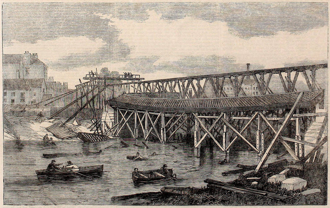 *View of the Ruins of Lendal Bridge, York, Taken Immediately After Its Fall.* Engraving from a sketch by Mr B. J. Moore. Illustrated London News (Oct 5th, 1861)